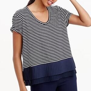 J. Crew Navy Blue & White Striped Short Sleeve Pleated Hem Top XS
